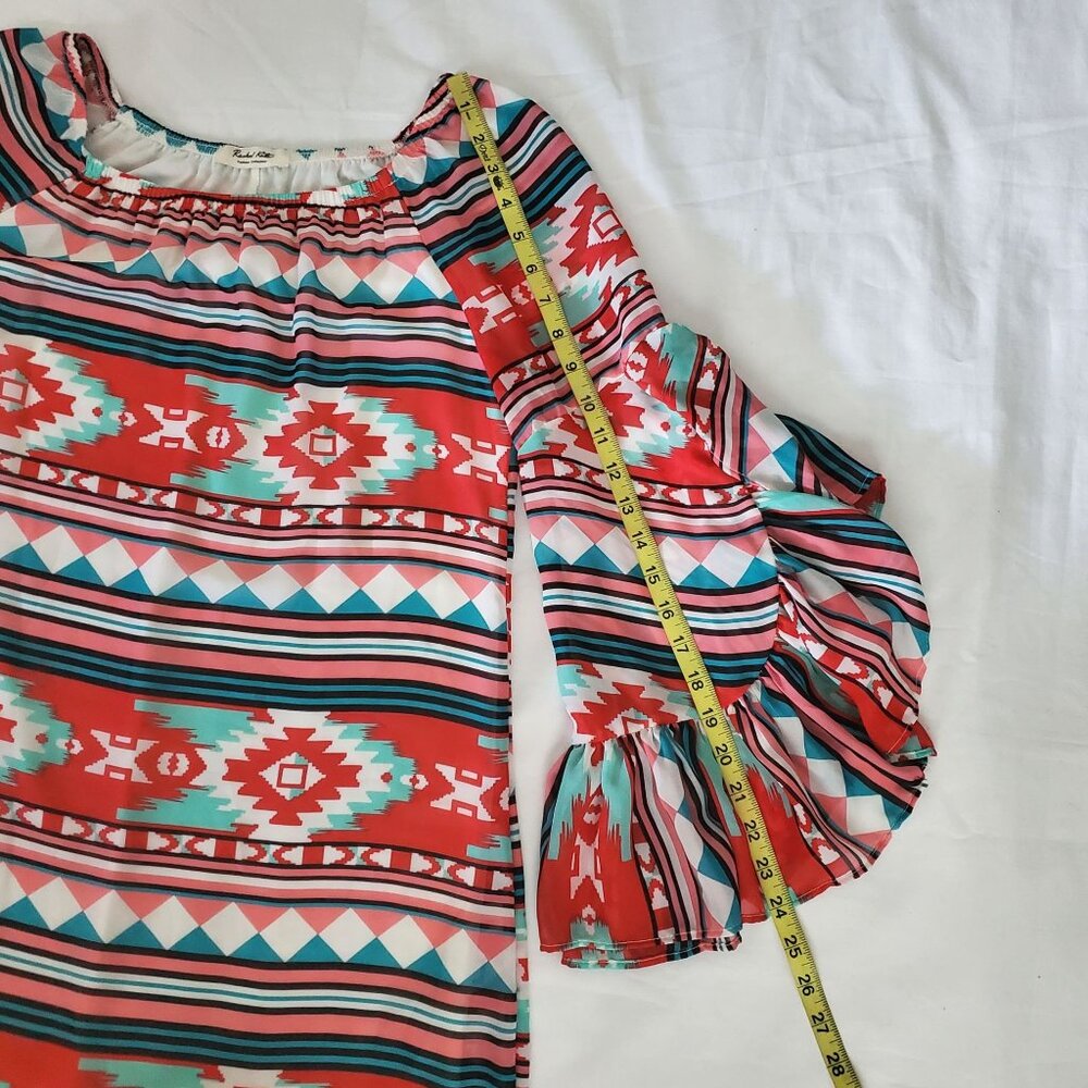 Rachel Kate Women's Aztec Print Ruffled Sleeve‎ Dress Red/Blue/Multi Size Medium - Picture 7 of 9